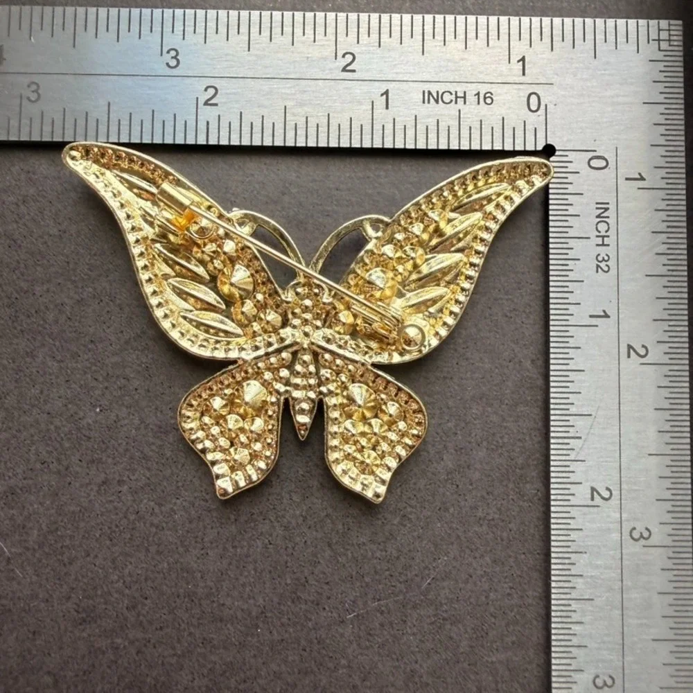 Green Butterfly Brooch Rhinestone Iridescent Gold Tone Jeweled Statement Pin